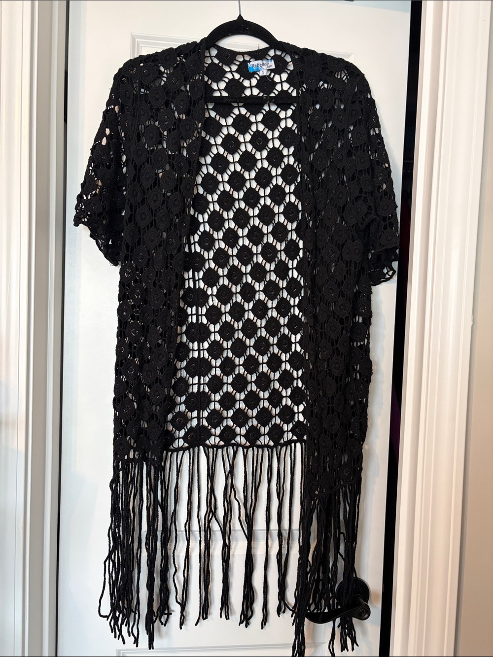 Black Crochet Fringe Open-Front Kimono